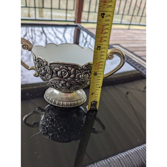 Silverplate Embossed Floral Vtg Sugar Bowl Creamer w Tray White Porcelain Rare - Picture 13 of 16